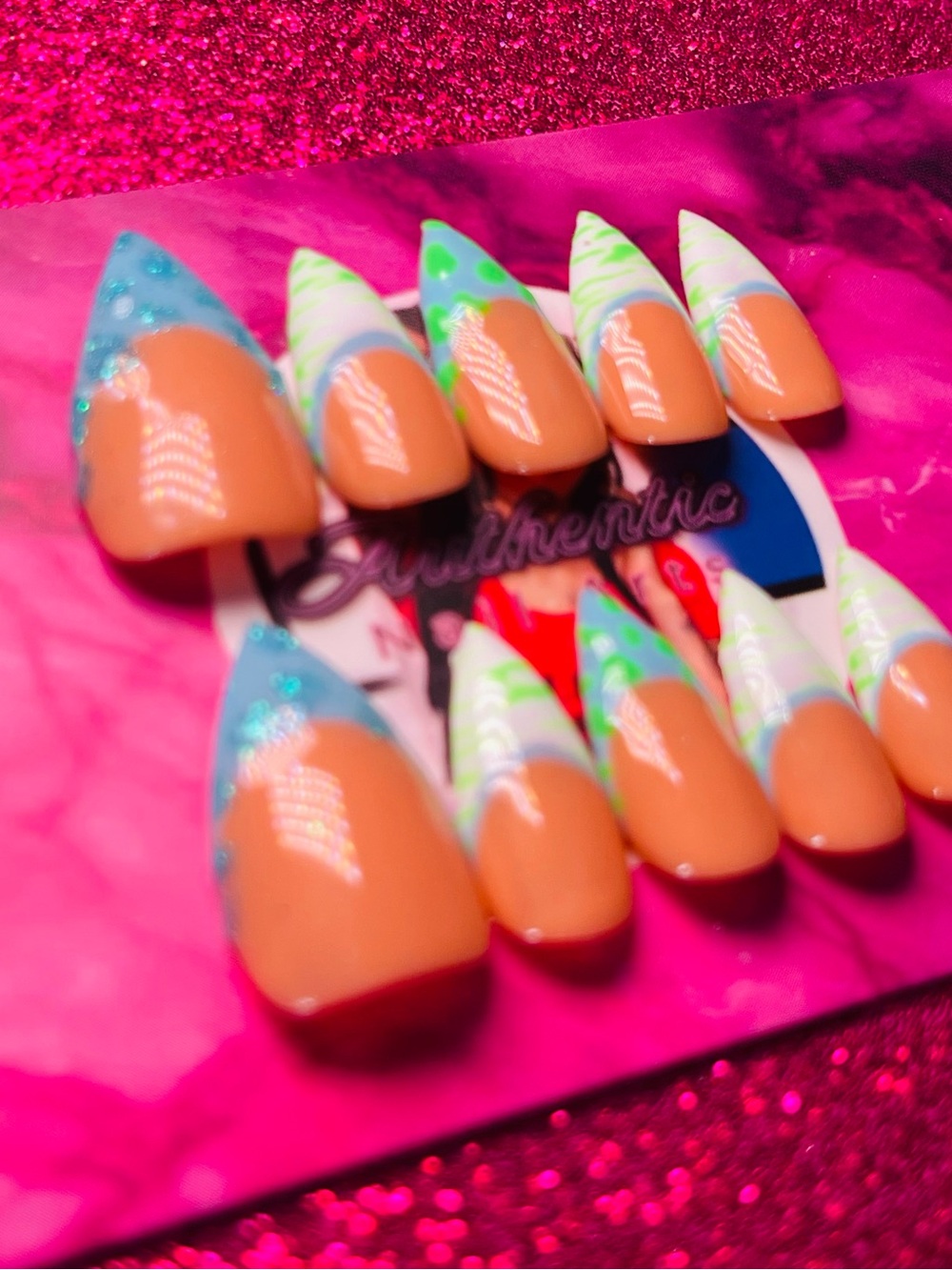 Authentic Nail Arts - blue, green, and white zebra print design with glitter